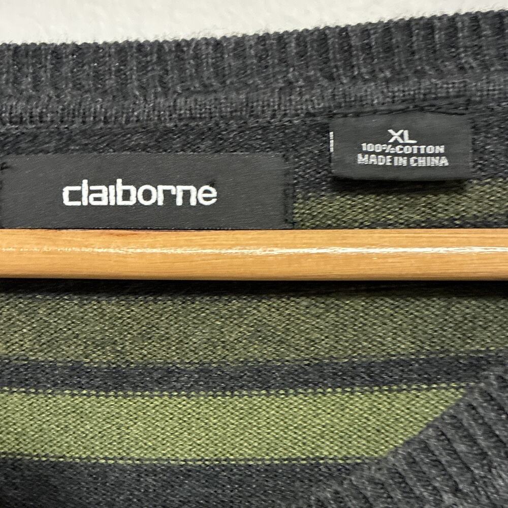 Claiborne Men's XL Green Black Gray Striped V-Neck Cotton Knit Pullover - Picture 2 of 5